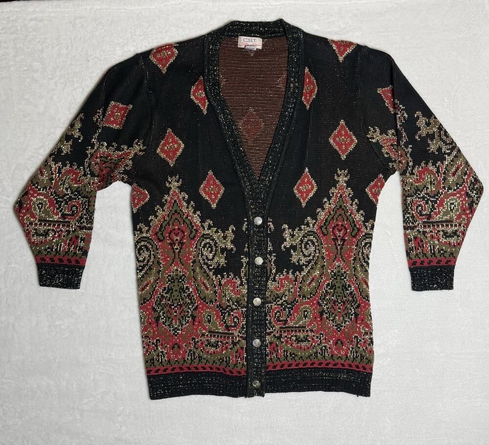 CST Studio Cardigan Sweater Sz 44 Metallic Lurex Black Red Gold Paisley Long